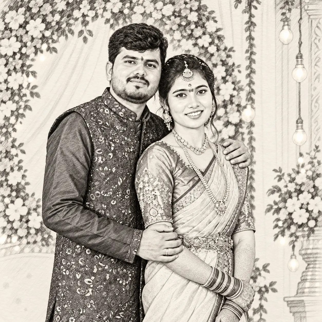 Pradeep Reddy and Vijayalakshmi, drawn as a pencil-sketch wedding portrait